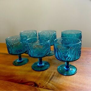 SIX Vintage MCM Mikasa Brocado Teal 4” Footed Glasses Stemmed Goblet Blue Glass